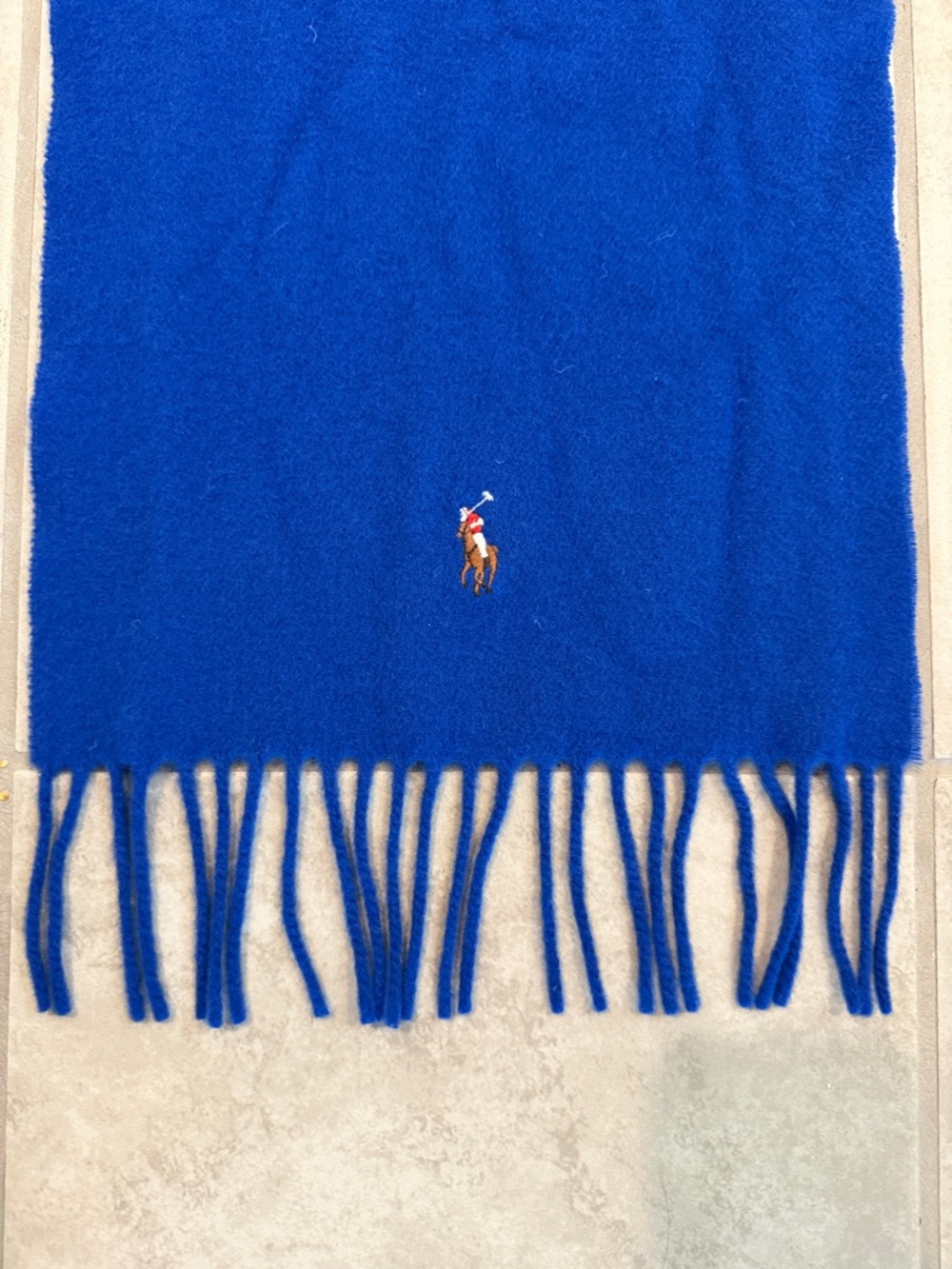 POLO Ralph Lauren Cobalt Blue Fringed Wool Scarf with Pony Embroidery - Picture 4 of 9